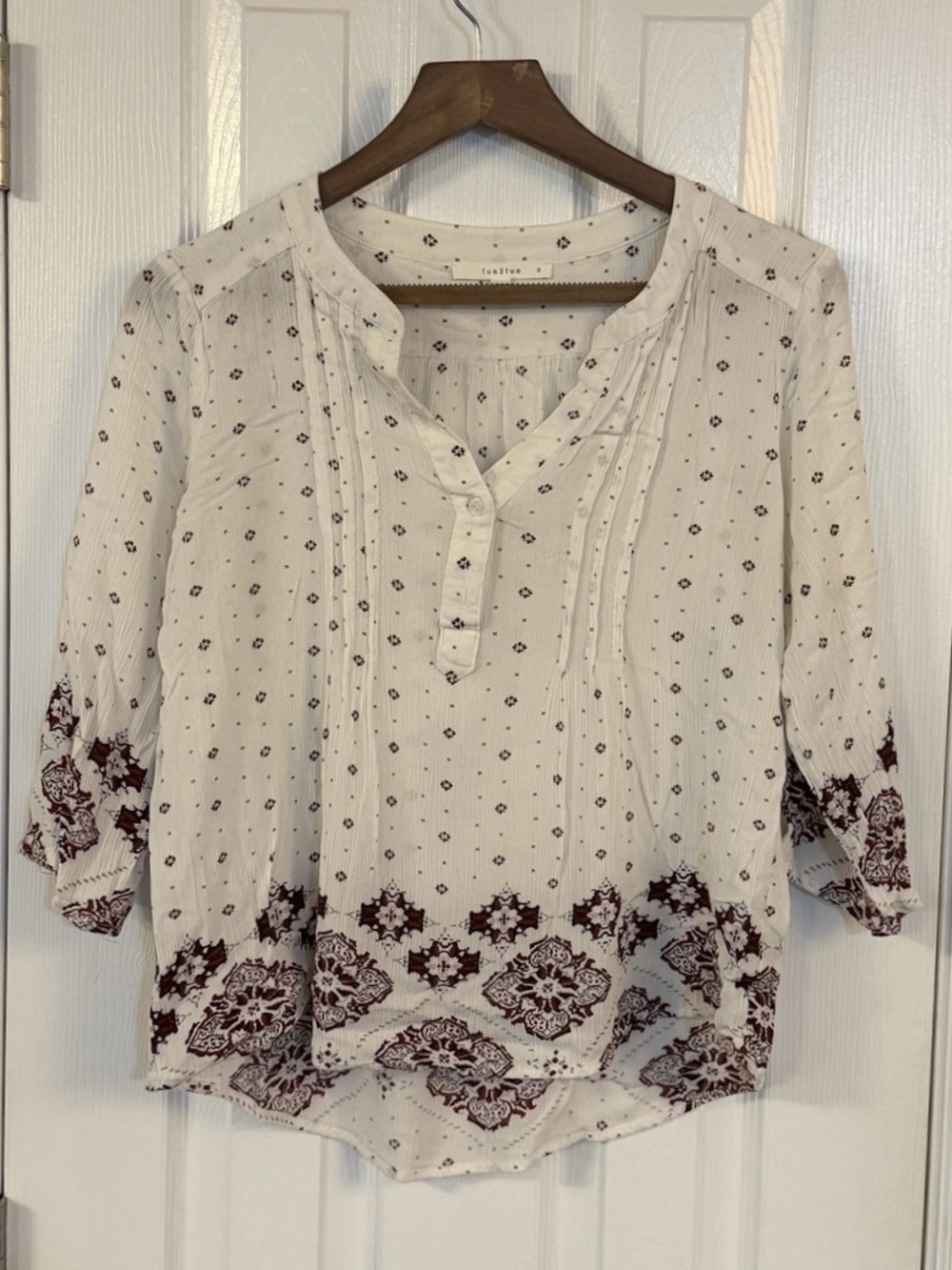 fun2fun Ivory Burgundy Floral Border Print Boho Peasant Blouse Size S